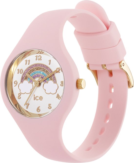 Roze horloge met regenboog en wolken op de wijzerplaat, gouden details.