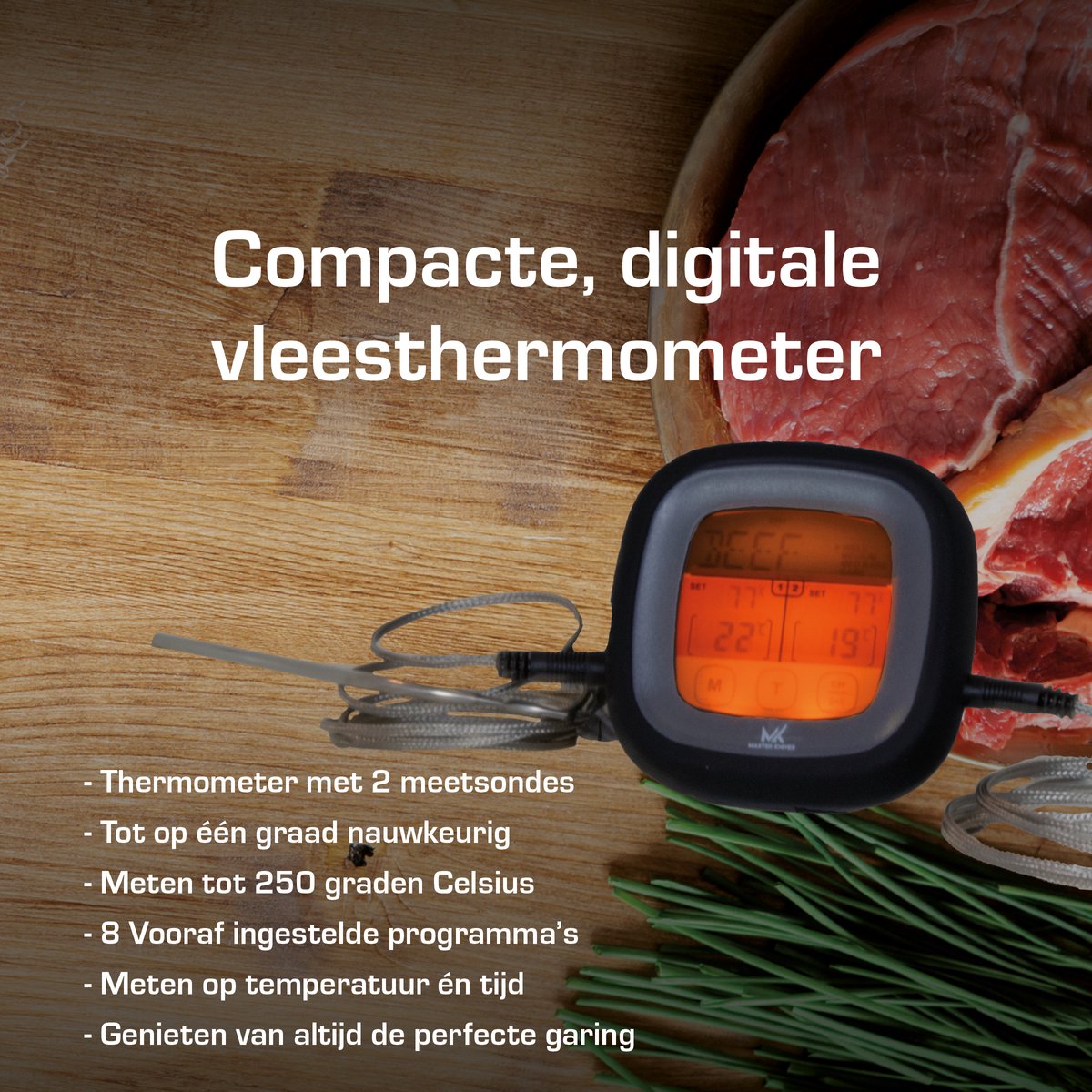 Master knives Digitale BBQ Thermometer met 2 Meetsondes - Vleesthermometer met Timer - Keukenthermometer tot 250 Graden — cadeau in Kookcadeaus - foto 5