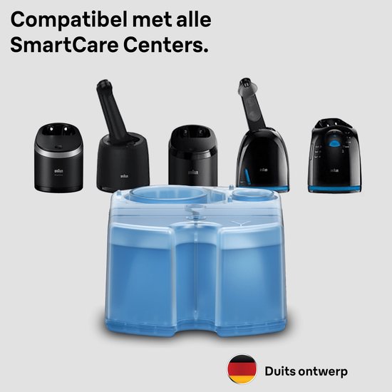 Een blauwe Braun Clean & Renew cartridge omringd door vijf verschillende Braun SmartCare Centers. Duitse vlag en 'Duits ontwerp'.