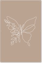Tuinposter 120x180 cm - Tuindecoratie - Line Art - Vlinder - Bloemen - Vlinders - Taupe - Muurdecoratie voor buiten - Schutting decoratie - Tuin accessoires - Tuindoek - Buitenposter