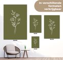Groene posters met lijntekening van bloemen in verschillende formaten: 120x180, 60x90, 80x120 en 40x60 cm.