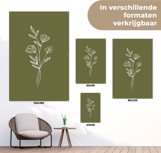 Groene posters met lijntekening van bloemen in verschillende formaten: 120x180, 60x90, 80x120 en 40x60 cm.
