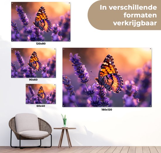 Poster de jardin papillon - Décoration de jardin lavande violet - 120x80 cm - Poster Fleurs pour le jardin - Décoration extérieure papillons - Peinture de jardin clôture - Décoration murale toile de jardin - Décoration murale balcon..