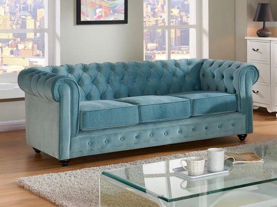 Vente-unique Driezitsbank CHESTERFIELD - velours - pastelblauw
