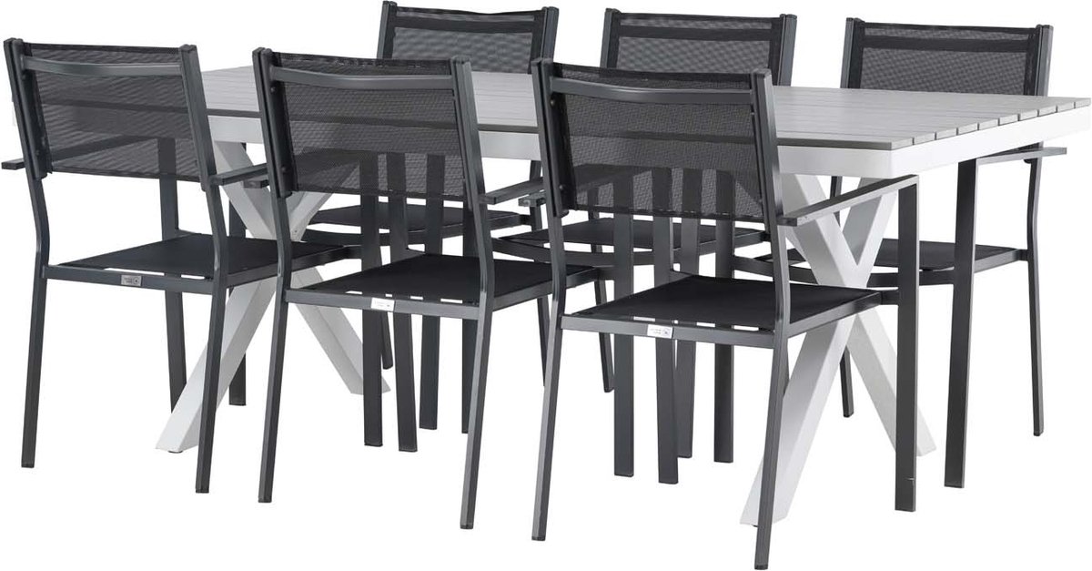 Garcia tuinmeubelset tafel 100x200cm grijs, 6 stoelen Copacabana zwart.
