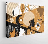 Mooie mode patroon met diverse vrouwelijke gezichten over retro geometrische achtergrond. Trendy textiel of decoratief behang, etnische vectorillustratie. - Moderne schilderijen -