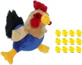 Pluche kippen/hanen knuffel van 20 cm met 12x stuks mini kuikentjes 3 cm - Paas/pasen decoratie