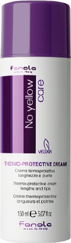 Fles met paarse dop, witte body met paarse verticale streep en tekst 'No yellow care'. Thermoprotective cream.