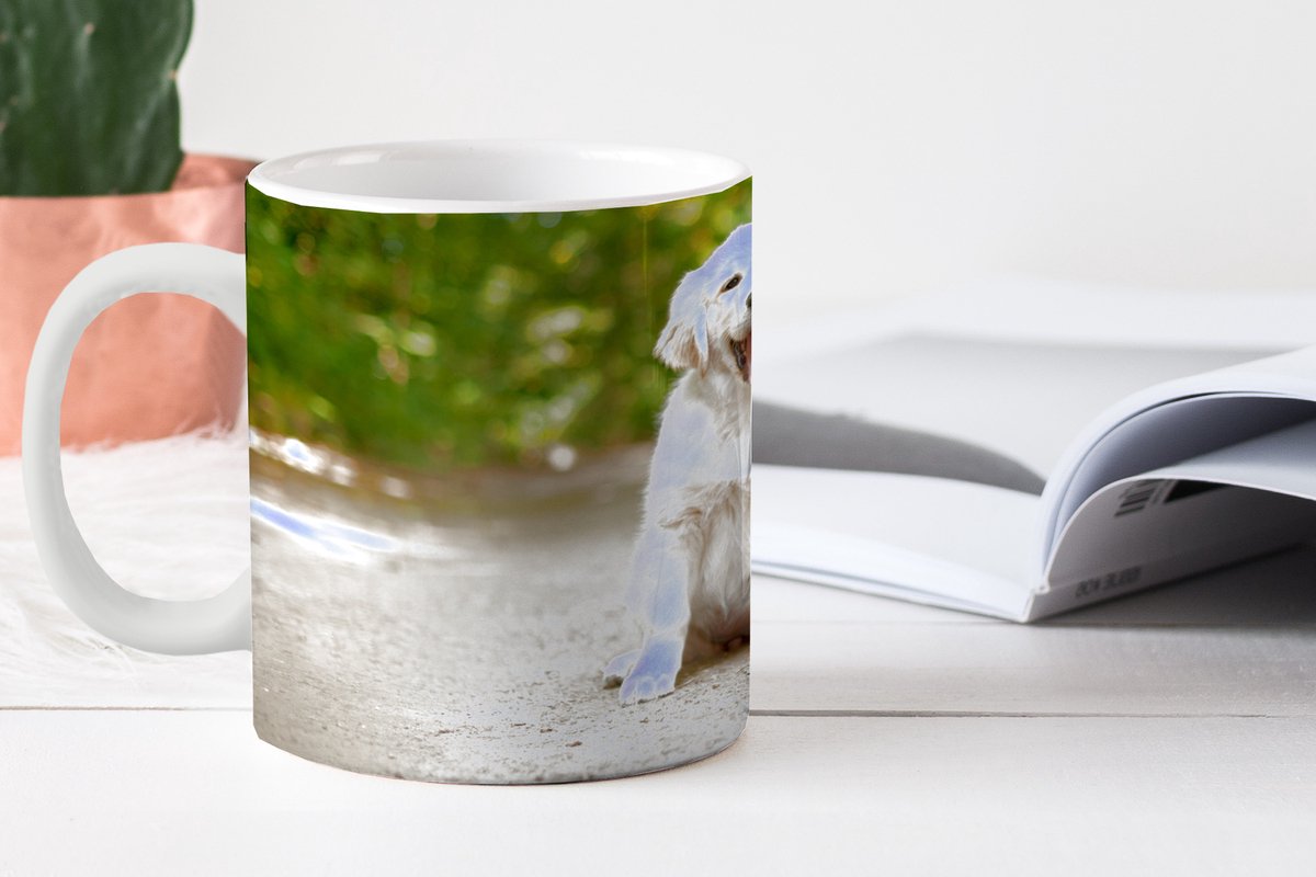 Mok - Koffiemok - Labrador Retriever puppy zit op een bospad - Mokken - 350 ML - Beker - Koffiemokken - Theemok