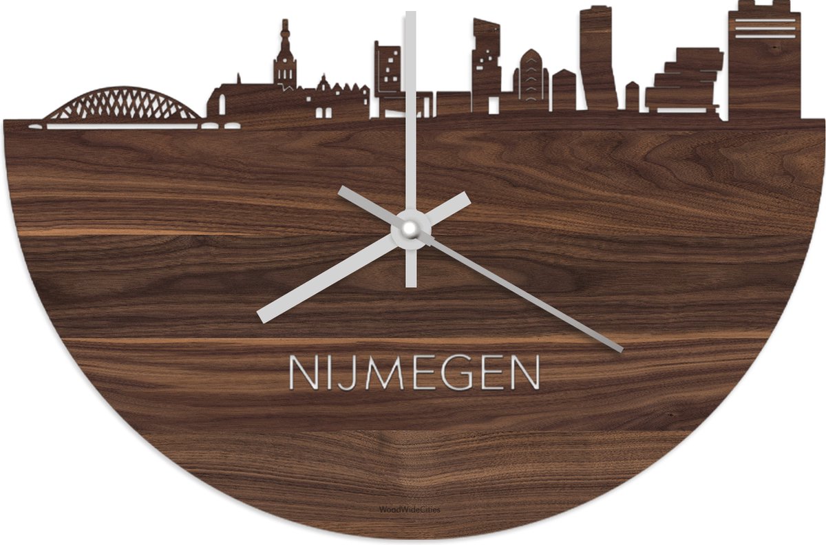 Skyline Klok Nijmegen Notenhout - Ø 40 cm - Stil uurwerk - Wanddecoratie - Meer steden beschikbaar - Woonkamer idee - Woondecoratie - City Art - Steden kunst - Cadeau voor hem - Cadeau voor haar - Jubileum - Trouwerij - Housewarming - WoodWideCities