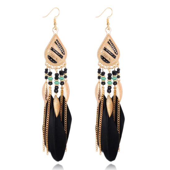 Boucles d'oreilles bohème avec plumes noires et perles 135 mm