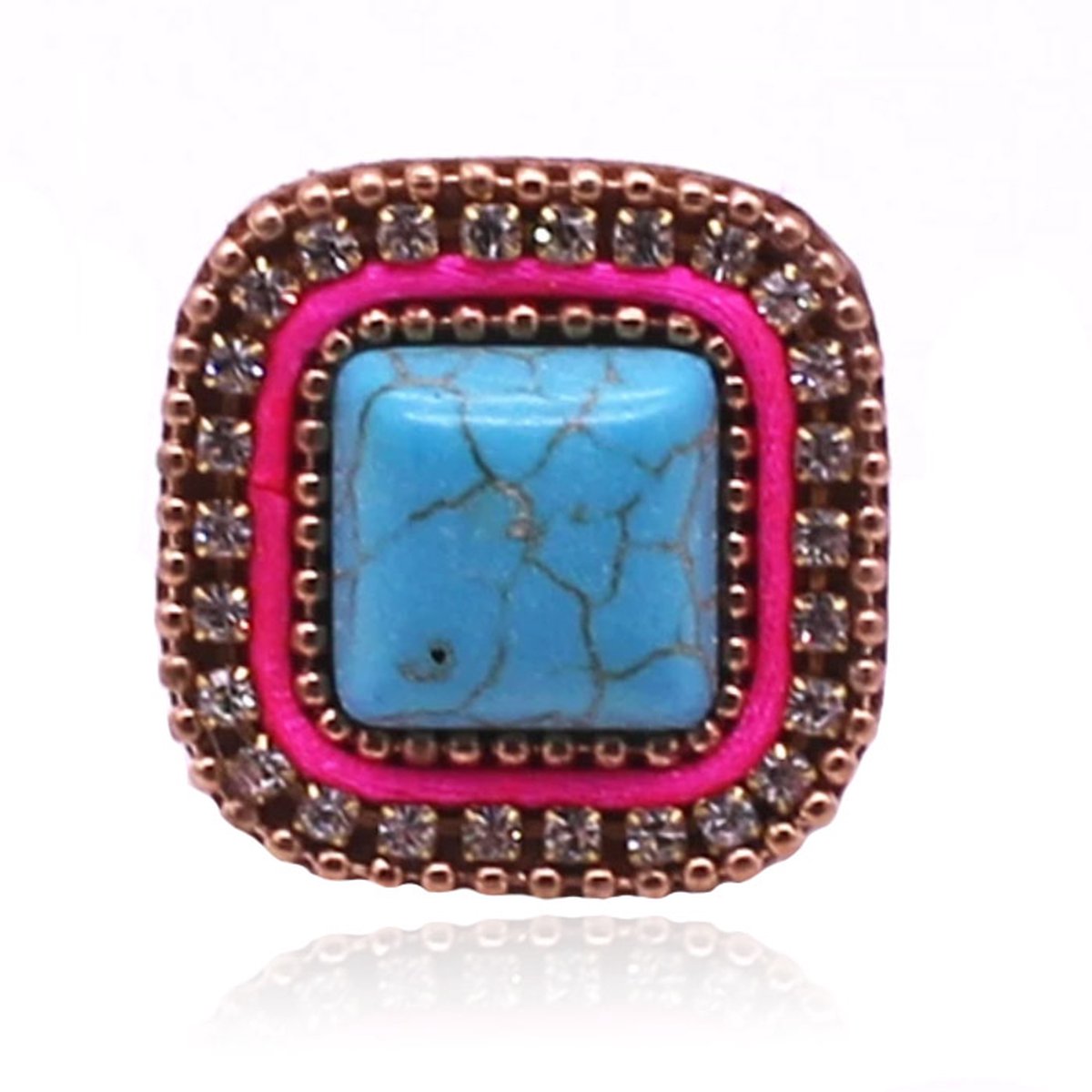 Handgemaakte verstelbare leren ring vierkant blauw goud met turkoois en kristal