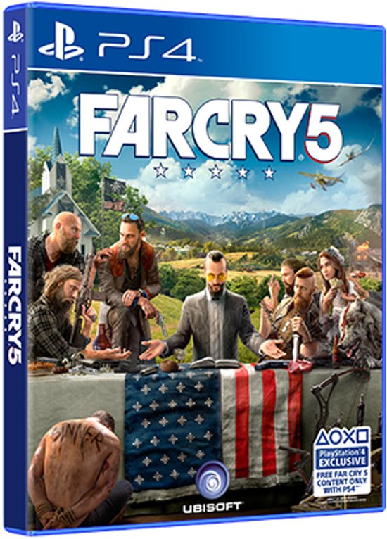Far Cry 5 PS4 game cover met personages rond een tafel en een vlag.