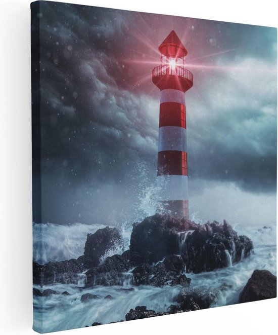 Artaza Canvas Schilderij Vuurtoren tijdens een Storm - 60x60 - Foto Op Canvas - Canvas Print