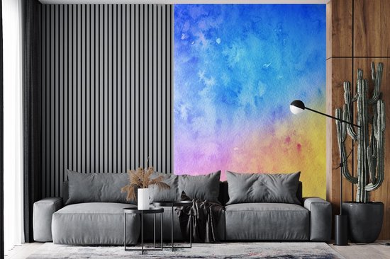 Behang - Fotobehang Waterverf - Blauw - Geel - Oranje - Breedte 155 cm x hoogte 240 cm