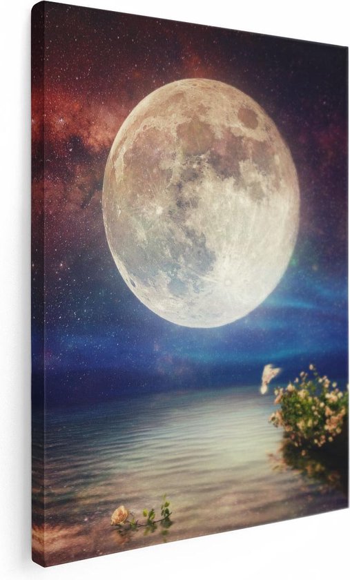 Artaza Canvas Schilderij Volle Maan in de Hemel boven het Water - 60x80 - Foto Op Canvas - Canvas Print