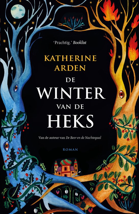 Boekomslag van 'De winter van de heks' met een boom van blauwe takken aan de linkerkant en een boom van oranje takken aan de rechterkant.