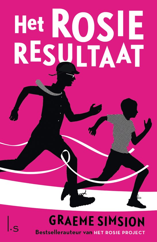 Boekcover 'Het Rosie Resultaat' in roze met silhouetten van een volwassene en een kind die rennen.