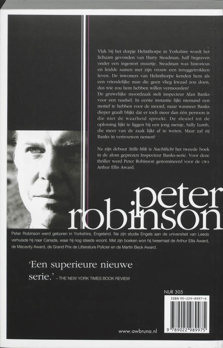 Achterkant van het boek 'Nachtlicht' van Peter Robinson. Tekst in het Nederlands.