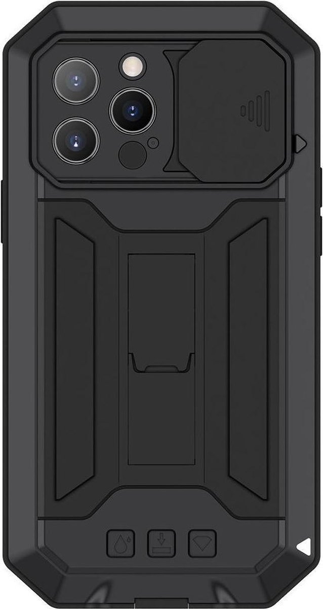 R-Just Sliding Camera Bescherming Waterdicht Hoesje met Standaard Geschikt voor Apple iPhone 13 Pro Zwart