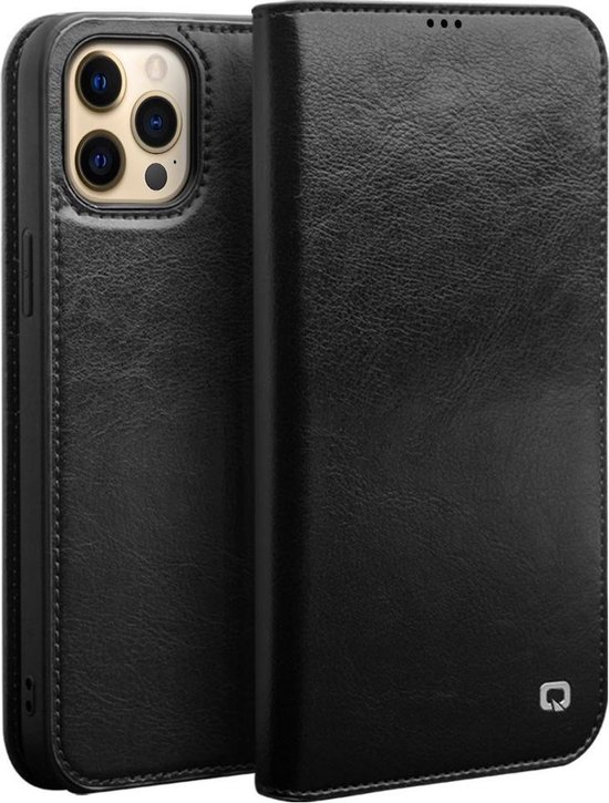 Porter Riley Lederen Hoes IPhone 14 Pro Max - Premium Echt Leer Portemonnee Met Standaard En Kaartsleuven (Puur Zwart)