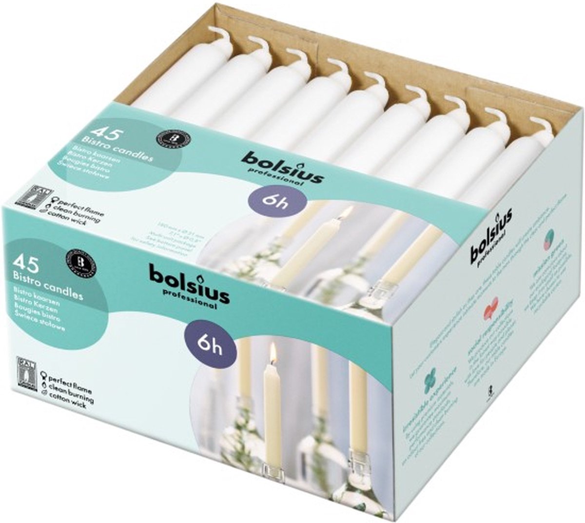 Bolsius - Bistro kaars - Wit - 18cm - 135 Stuks - 6 Branduren - Dinerkaarsen