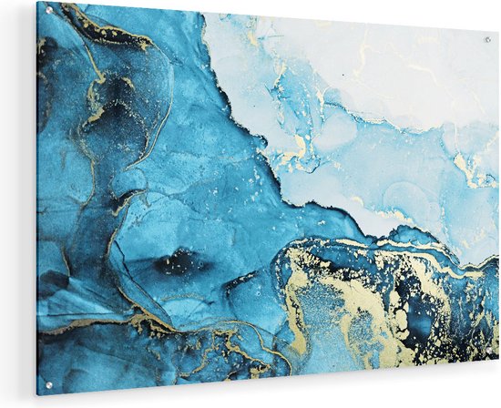Artaza Glasschilderij - Abstracte Kunst van Blauwe Marmer met Goud - 75x50 - Plexiglas Schilderij - Foto op Glas