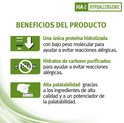 Illustratie van productvoordelen voor HA Hypoallergenic kattenvoer: gehydrolyseerde eiwitten, gezuiverde koolhydraten, hoge smakelijkheid.