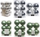 Kerstversiering kunststof kerstballen kleuren mix salie groen/zilver 6-8-10 cm pakket van 44x stuks