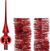 Kerstversiering glazen piek glans 26 cm en folieslingers pakket rood van 3x stuks - Kerstboomversiering