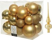Kerstversiering kunststof kerstballen goud 6-8-10 cm pakket van 27x stuks - Met glans glazen piek van 26 cm