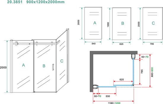 Cabine de douche Bally Block Shower 90x120x200cm 8mm Verre de sécurité anti-calcaire avec revêtement NANO avec profil Chrome Glas clair