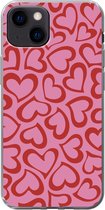 Geschikt voor iPhone 13 mini hoesje - Een illustratie van behang met rode hartjes - Siliconen Telefoonhoesje