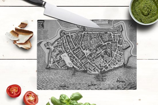 Planche à découper en Verres - Glas - Plan de la ville historique de Harderwijk néerlandais - noir et blanc - Planches à découper