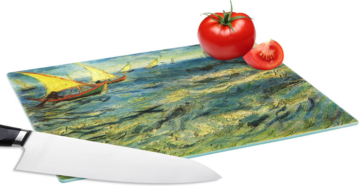 Glazen Snijplank - 28x20 - Vissersboten op zee - Vincent van Gogh - Snijplanken Glas