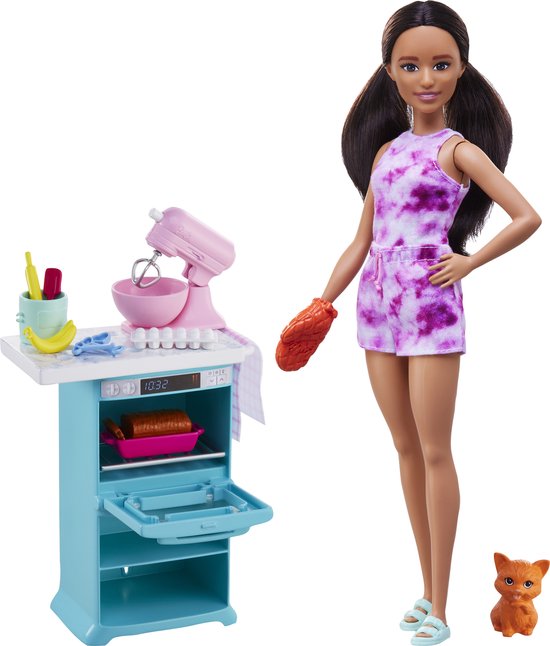 Barbie - Barbiepop Bakken met Accessoires - Met Kat - Keukenspeelset