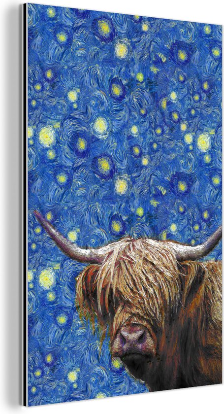 Wanddecoratie Metaal - Aluminium Schilderij - Van Gogh - Schotse Hooglander - Sterrennacht