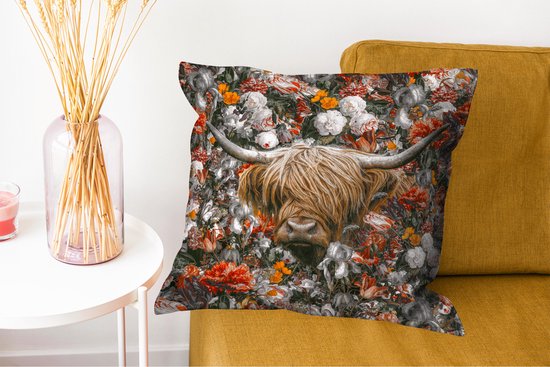 Coussins décoratifs - Oreillers Salon - 50x50 cm - Highlander écossais - Fleurs - Oranje