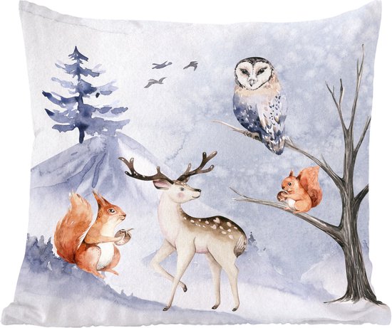 Sierkussens - Kussentjes Woonkamer - 60x60 cm - Winter - Hert - Eekhoorn - Boom - Kerstversiering - Kerstdecoratie voor binnen - Woonkamer