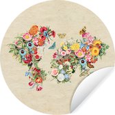 WallCircle - Muurstickers - Behangcirkel - Wereldkaart - Bloemen - Vlinder - Bruin papier - ⌀ 30 cm - Muurcirkel - Zelfklevend - Ronde Behangsticker