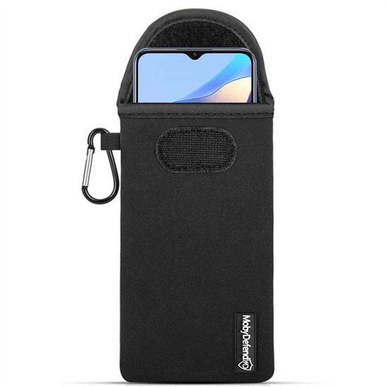 Housse de téléphone MobyDefend noire en néoprène avec mousqueton et passant de ceinture. Un téléphone Oppo est partiellement visible.