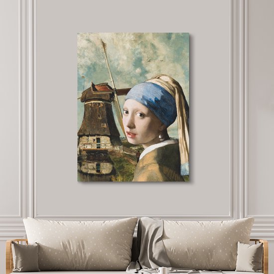 Canvas schilderij 120x160 cm - Wanddecoratie Meisje met de parel - Johannes Vermeer - Molen - Muurdecoratie woonkamer - Slaapkamer decoratie - Kamer accessoires - Schilderijen