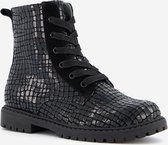 TwoDay leren meisjes croco veterboots - Zwart - Maat 28 - Echt leer - Uitneembare zool