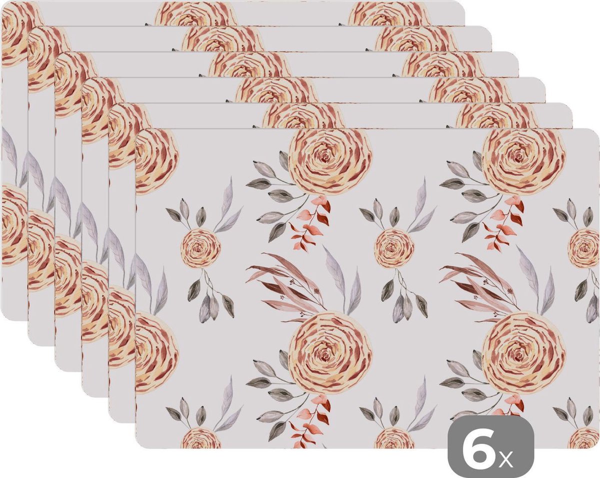 Placemat - Placemats kunststof - Rozen - Goud - Bruin - Wit - 45x30 cm - 6 stuks - Hittebestendig - Anti-Slip - Onderlegger - Afneembaar