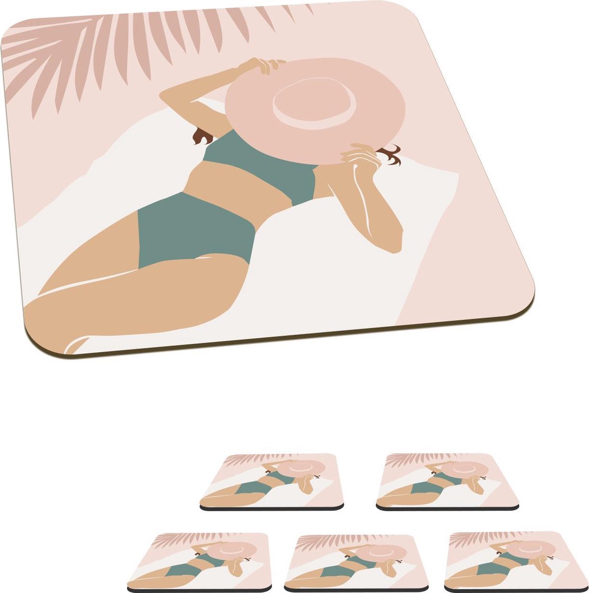 Onderzetters voor glazen - Strand - Hoed - Bladeren - 10x10 cm - Glasonderzetters - 6 stuks