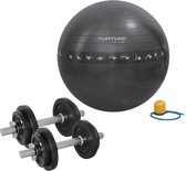 Tunturi - Fitness Set - Halterset 20 kg incl 2 Dumbbellstangen  - Gymball Zwart met Anti Burst 65 cm