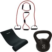 Tunturi - Fitness Set - Kettlebell 12 kg - Fitnessmat 160 x 60 x 0,7 cm - Tubing Set Rood
