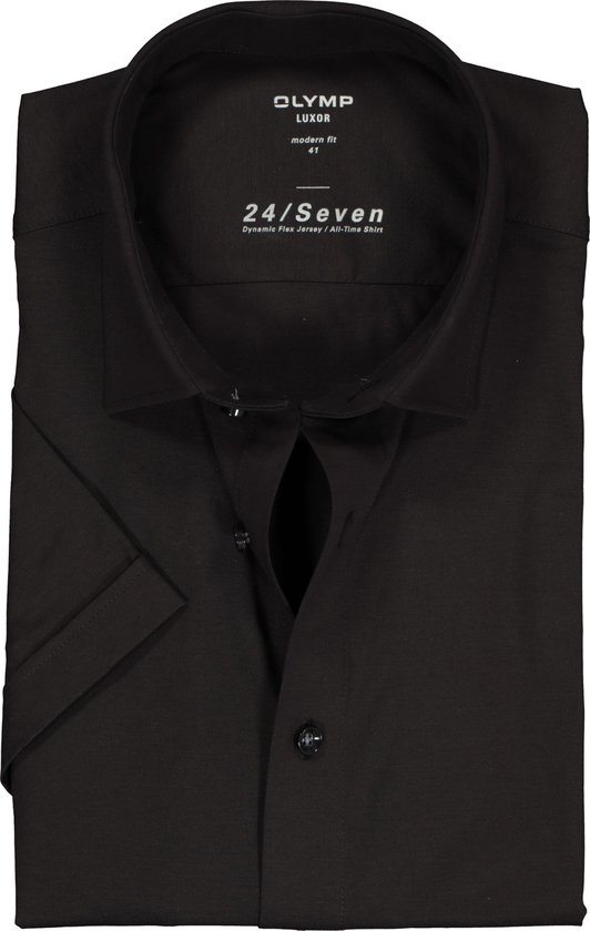 OLYMP Luxor 24/Seven modern fit overhemd - korte mouw - zwart tricot - Strijkvriendelijk - Boordmaat: