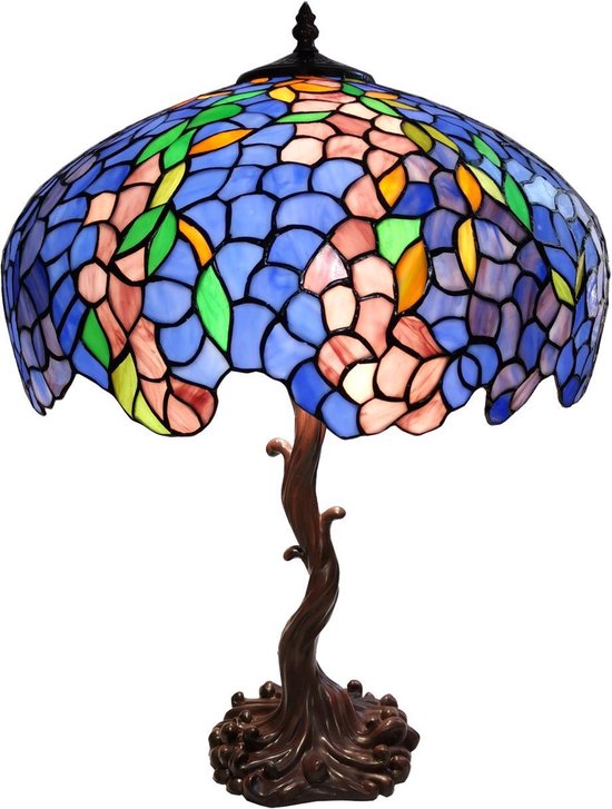 LumiLamp Lampe de table Tiffany Ø 50x76 cm Bleu Vert Verre Fleurs Lampe de bureau Tiffany