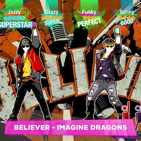 Twee dansers met gouden sieraden en zonnebrillen, met microfoons op de achtergrond. Just Dance 2022.